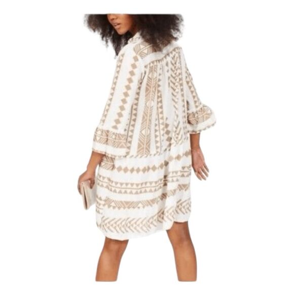 Silk and Salt The Perfect Sundress White Khaki Knit Tribal Print Mini 3/4 Sleeve - Picture 5 of 10